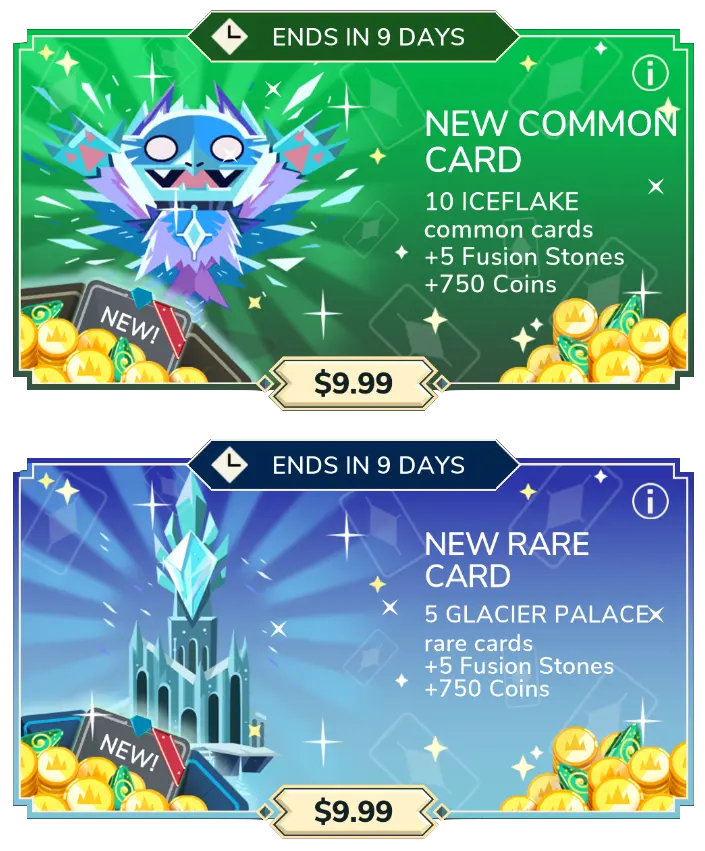 Iceflakes pack ($9.99): 10 copies of Iceflakes, 5 fusions stones and 750 coins; Glacier Palace pack ($9.99): 10 copies of Glacier Palace, 5 fusions stones and 750 coins